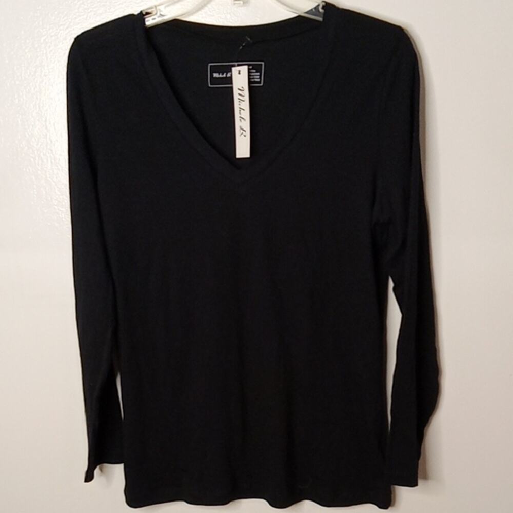 NWT Michele B Women's Small V-neck Black 100% Cotton Long Sleeve Blouse.